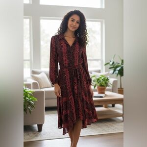 Vince Camuto Red Black Animal Print Shirt Dress Midi Long Sleeve Size 2